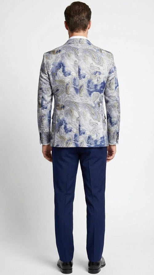 Men’s Navy Blue and Gray Paisley Print Blazer – Prom Jacket for Formal, Party, and Evening Wear