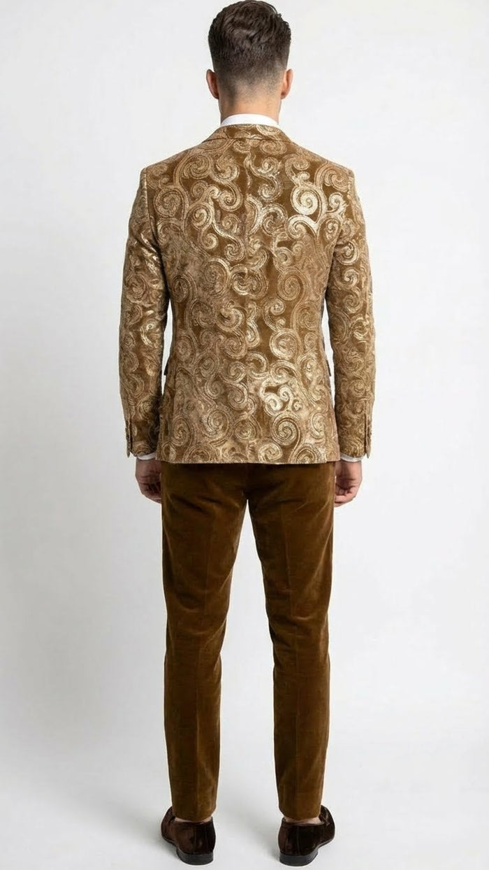 Men’s Goldish Light brown Tuxedo dinner Jacket Embroidered Blazer - Velvet Jacket for Formal Paisley Pattern Coffee Mocca Color by USA Men's Outlet