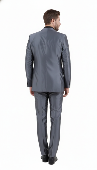 Men’s Dark Grey Shiny Two-Piece Suit - Slim Fitted Formal Jacket and Tailored Pants - Sateen Metalic in Charcoal Gray Color - USA Men's Outlet