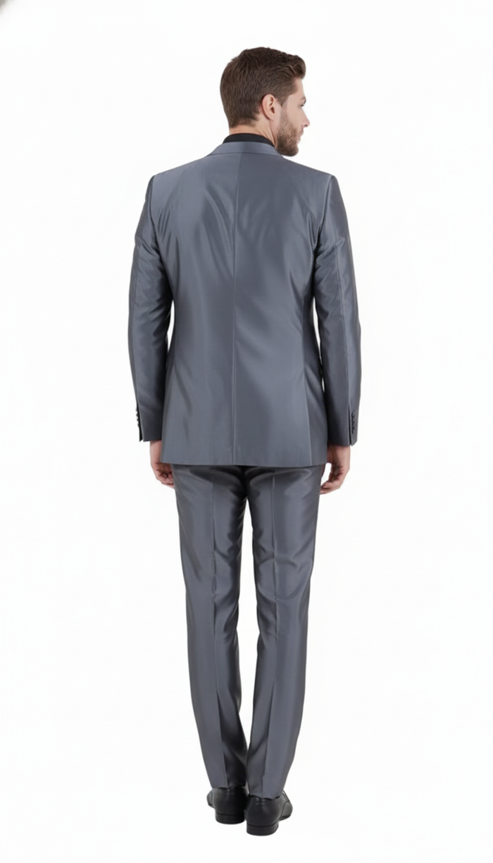 Men’s Dark Grey Shiny Two-Piece Suit - Slim Fitted Formal Jacket and Tailored Pants - Sateen Metalic in Charcoal Gray Color - USA Men's Outlet