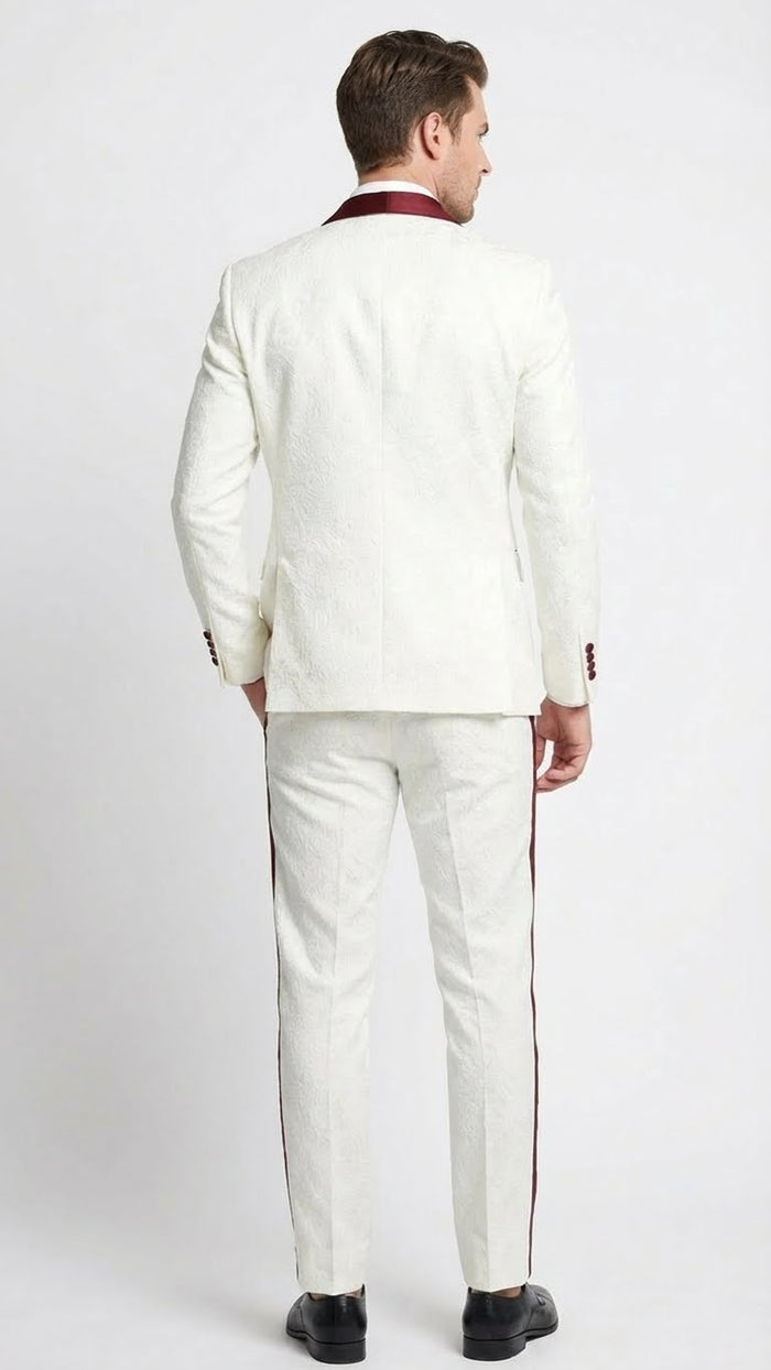 Men’s Ivory and Burgundy Jacquard Tuxedo Suit - Luxury Slim Fit 3-Piece Formal Wedding, Prom, and Gala Outfit in Cream Off White Color USA Men's Outlet