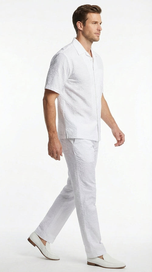 Mens White Seersucker Walking Suit Set – Casual Summer Short Sleeve Outfit with Matching Pants Lightweight Two Piece Set