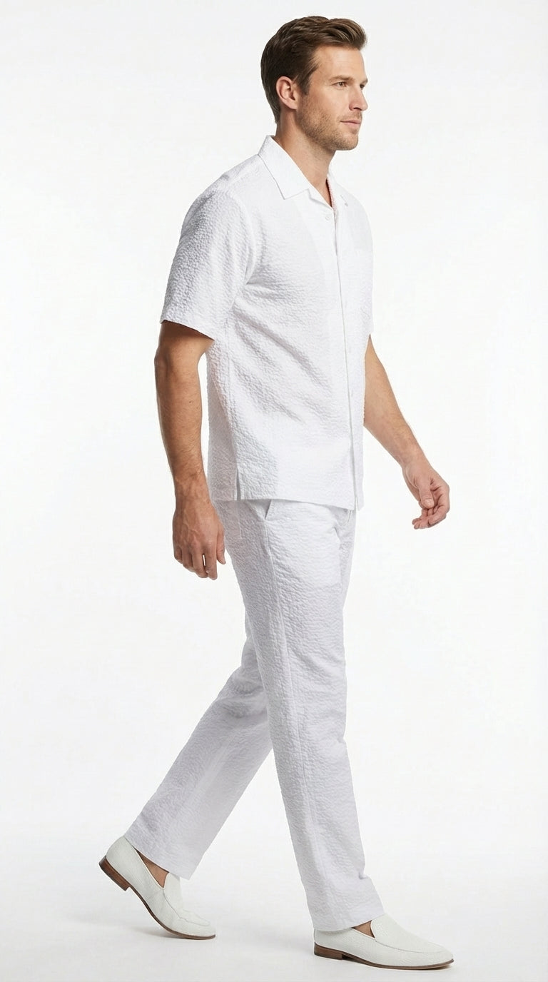 Mens White Seersucker Walking Suit Set – Casual Summer Short Sleeve Outfit with Matching Pants Lightweight Two Piece Set
