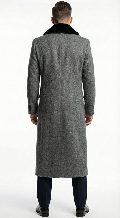 Men's Grey Herringbone Tweed Long Overcoat with Black Faux Fur Collar, Classic Winter Topcoat