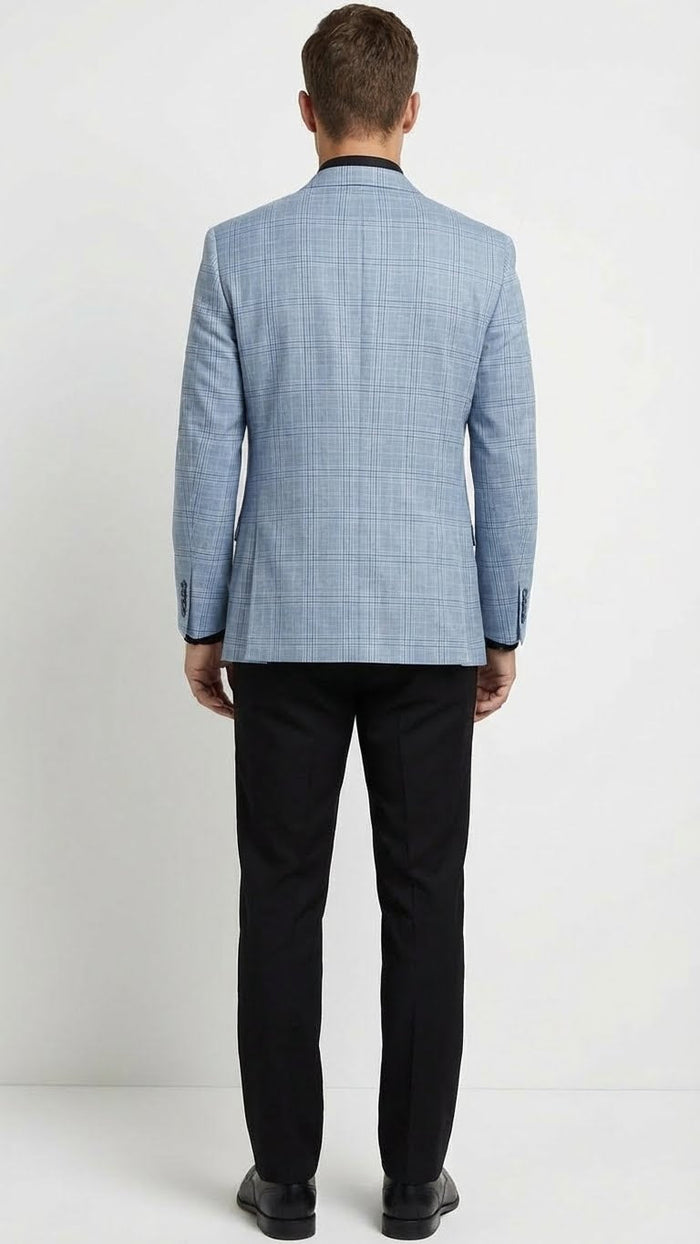 Men’s Big and Tall Light Blue Checkered Blazer and Sport Coat - Sky powder blue windowpane plaid pattern Jacket by USA Men's Outlet