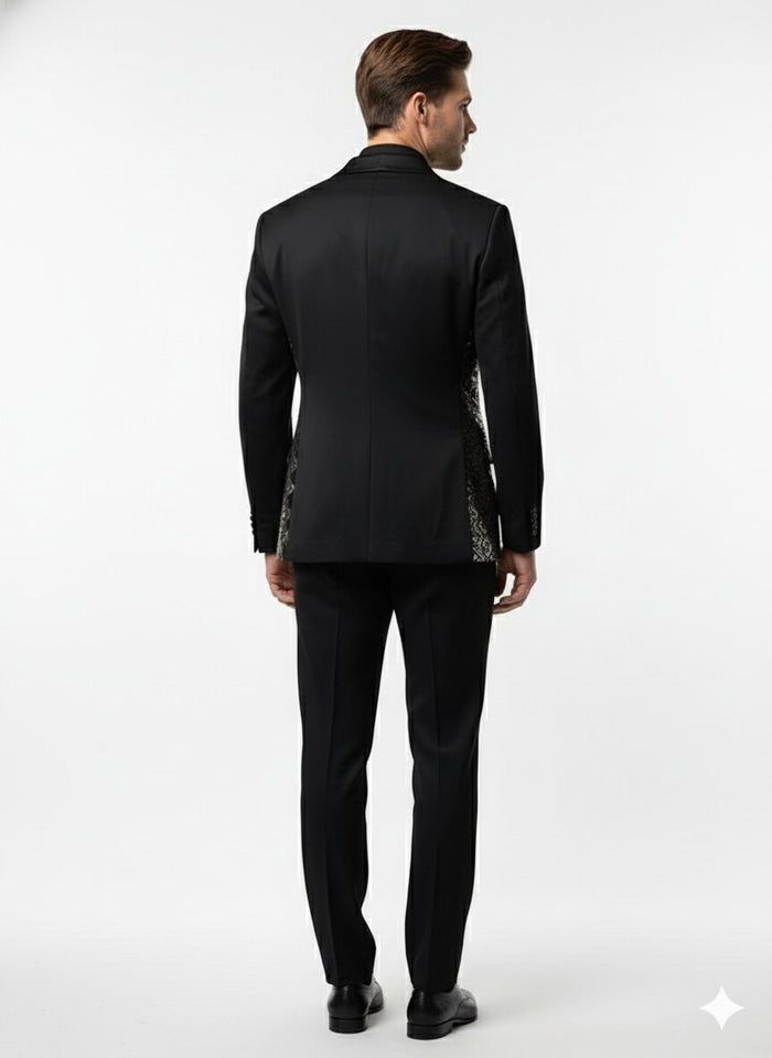 Mens Black and White and Silver Sequin Embroidered Blazer – Luxury Designer Party Wear with Geometric Detailing