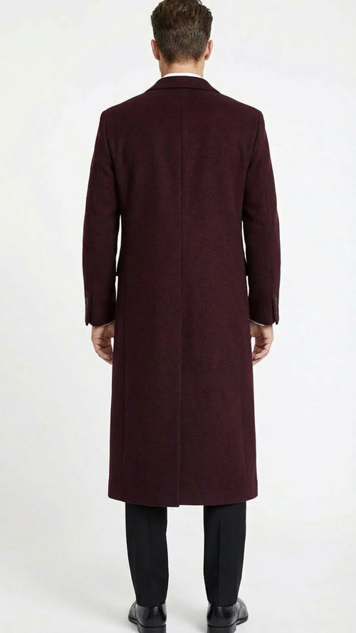 Men’s Burgundy Long Coat - Classic Fit Wool Blend Overcoat - Topcoat Full length USA Men's Outlet