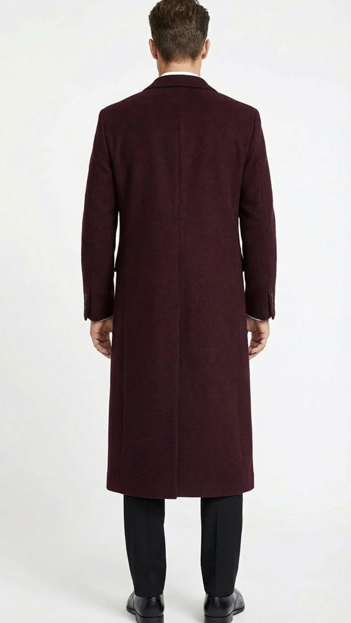 Men’s Burgundy Long Coat - Classic Fit Wool Blend Overcoat - Topcoat Full length USA Men's Outlet