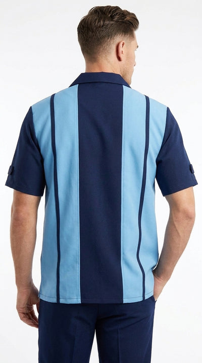 Men’s Navy and Sky Blue Walking Suit – 2-Piece Short Sleeve Casual Leisure Outfit
