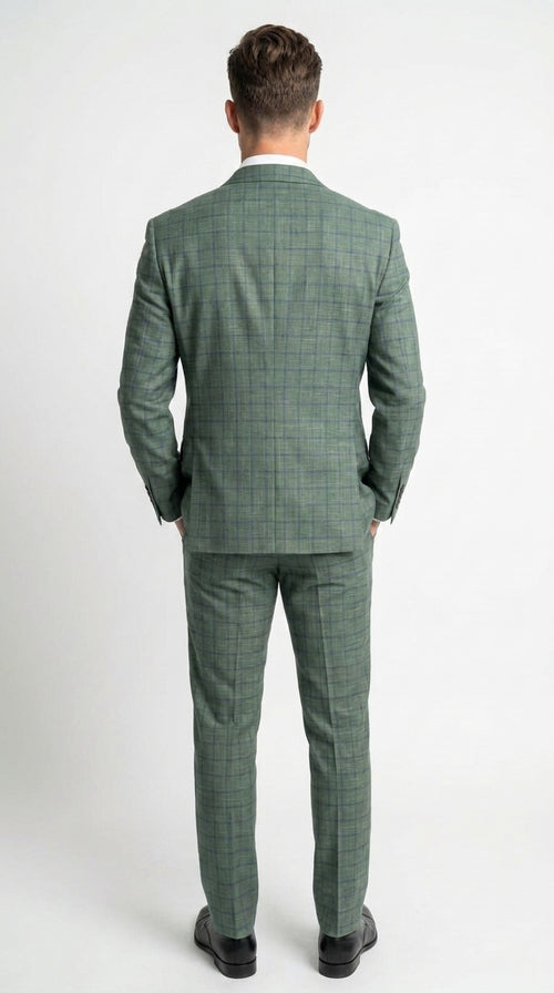 Men’s Tartan olive Green with blue checker Windowpane 2-Piece Suit – Modern Fit Plaid, Business and Formal Suit english styl