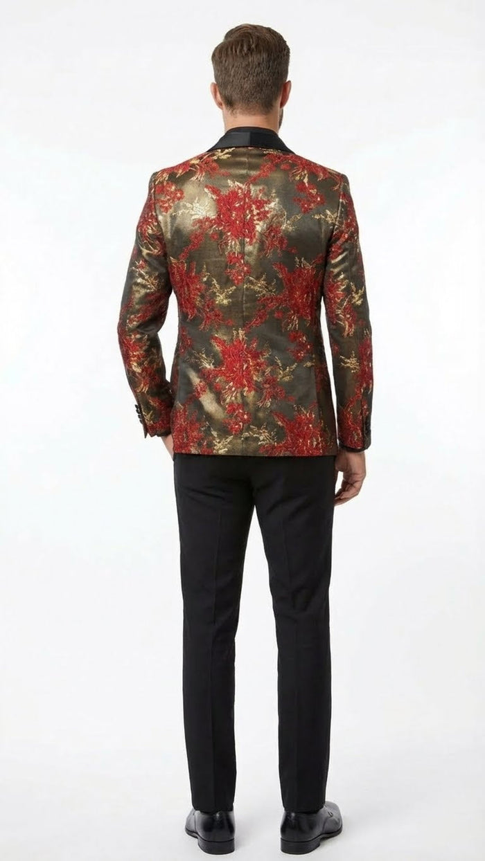 Men’s Red and Gold Floral Pattern Paisley Shawl Lapel - Luxury Evening and Party Wear Jacket Prom Christmas New Year Blazer by USA Men's Outlet