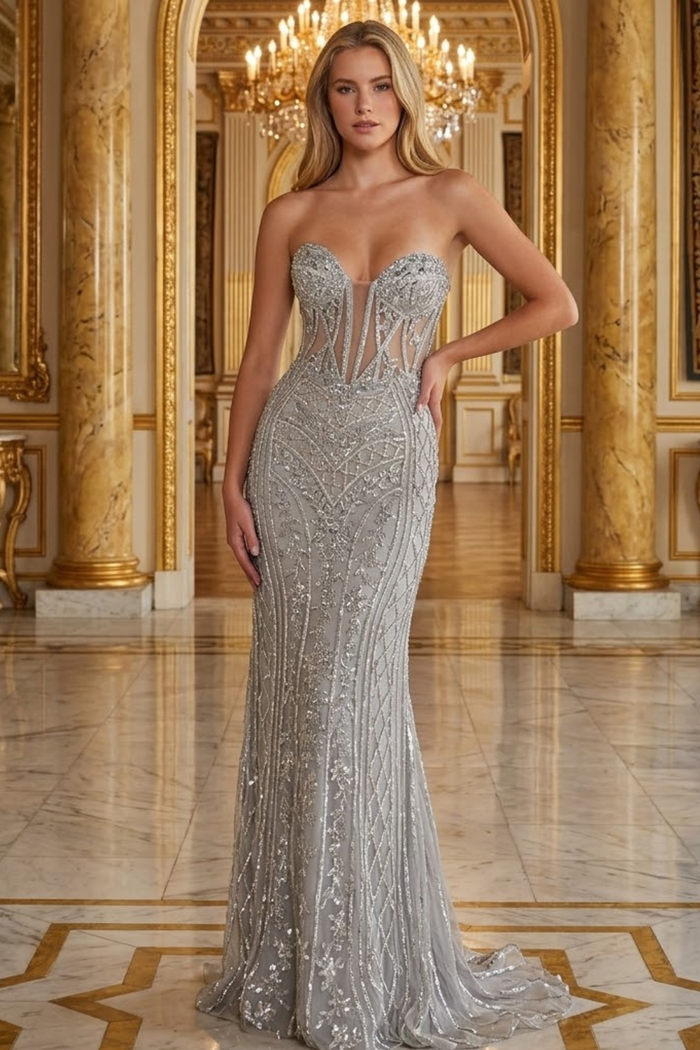 Strapless Beaded Long Prom Dress Sweetheart Special Occasion Dress