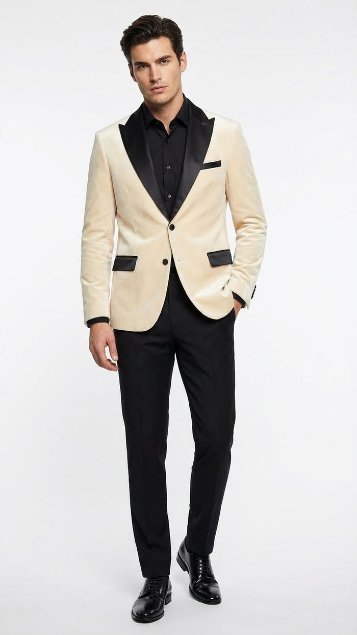 Men’s Ivory Dinner Jacket - Cream Velvet Blazer with Black Satin Lapel - Wedding and Party Formal Sport Coat in off white USA Men's Outlet