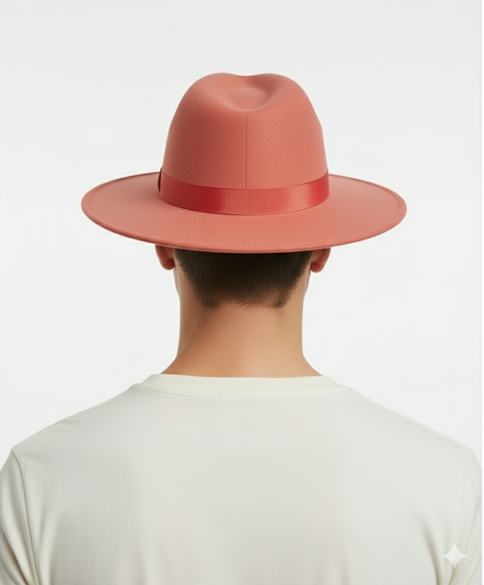 Men’s Coral Pink Wide Brim Fedora Hat - Wool Felt Dress Hat with Red Ribbon Band by USA Men's Outlet