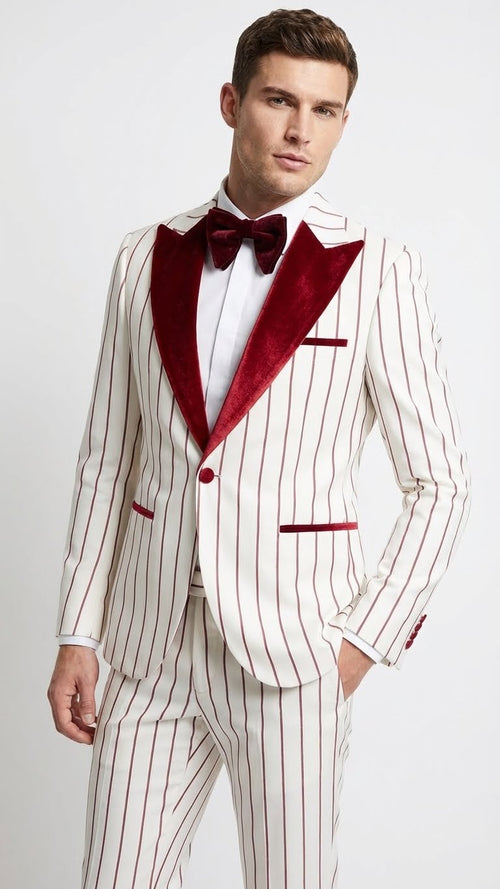 Men’s White and Dark Red Pinstripe Tuxedo with Velvet Shawl Lapel - Formal Dinner Blazer Prom Christmas New Year Holiday Suit by USA Men's Outlet