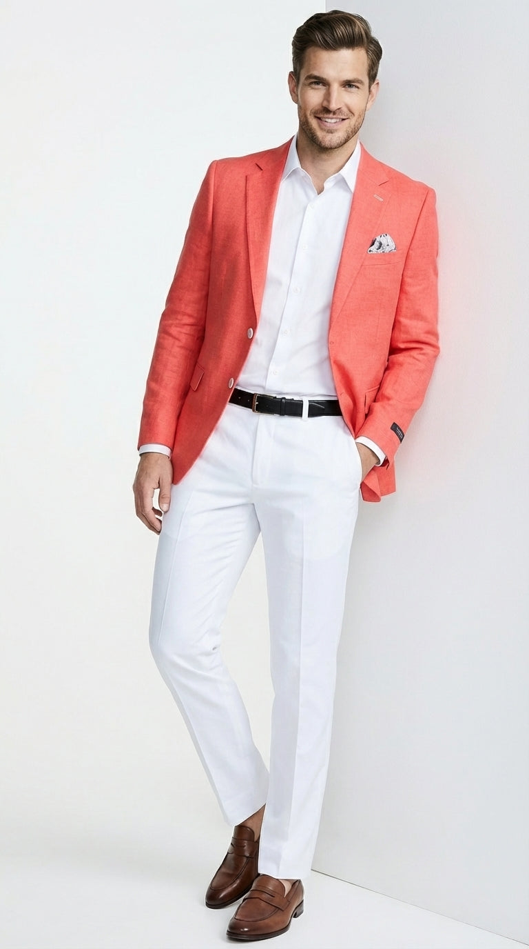 Mens Coral Linen Blazer Sport Coat – Lightweight Summer Linen Jacket for Wedding, Beach Events, Business Casual in Salmon Color – SuitUSA