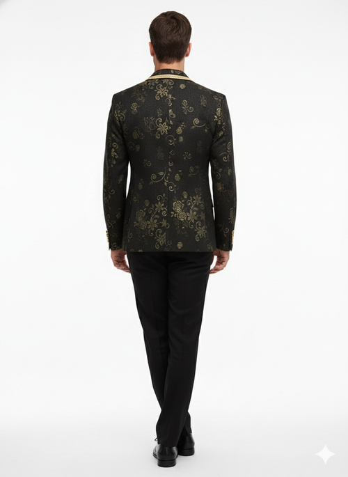Men’s Black and Gold Embroidered Luxury Blazer - Designer Floral Pattern Wedding & Party Jacket (Sim534) by USA Men's Outlet