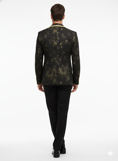 Men’s Black and Gold Embroidered Luxury Blazer – Designer Floral Pattern Wedding & Party Jacket (Sim534)