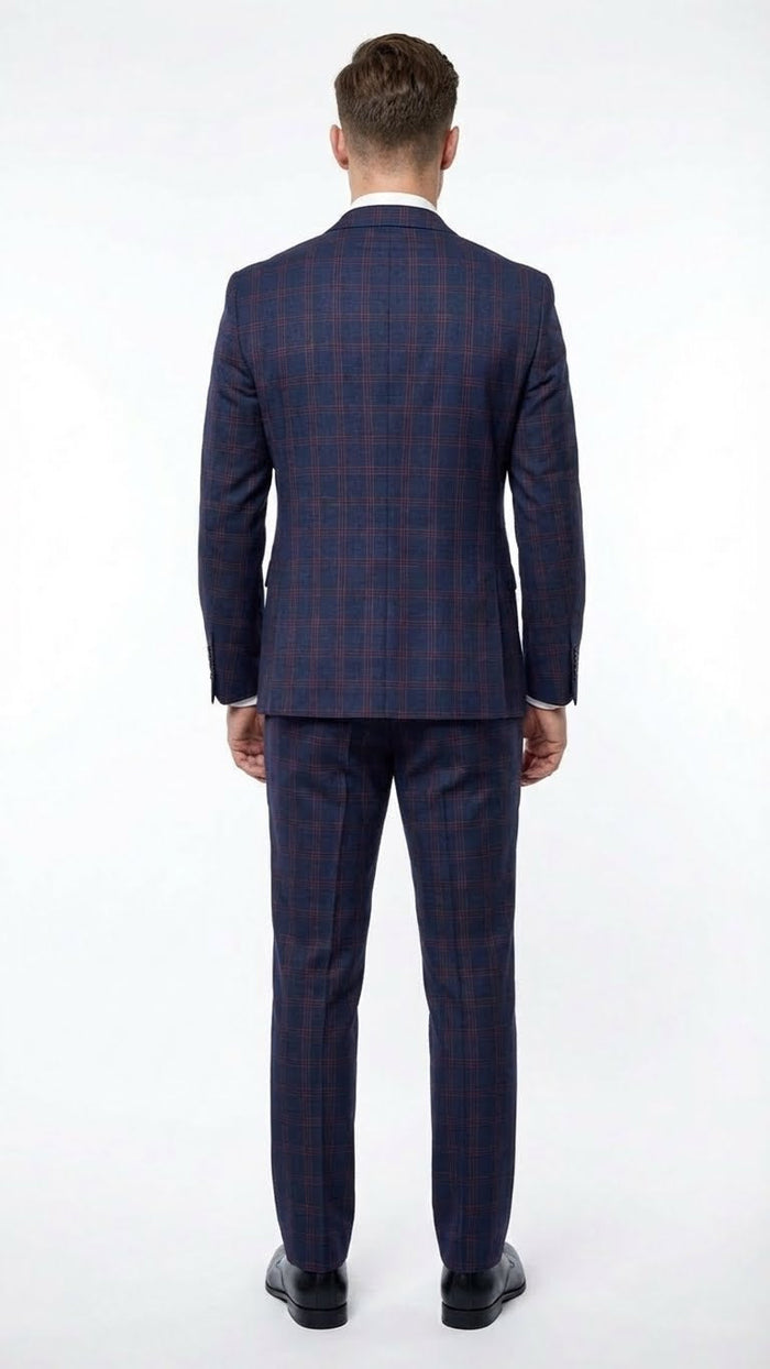 Men’s Navy Blue and Burgundy Checkered Two-Piece Suit Plaid Windowpane - Flat Front Pants or Pleated Wide Leg Pants - 100% Wool USA Men's Outlet