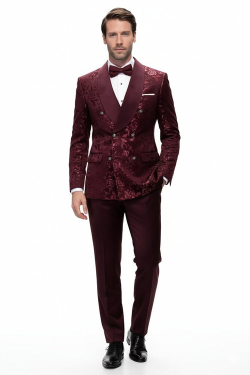 Men’s Burgundy Floral Jacquard Tuxedo Dinner Jacket – Paisley Velvet Lapel Formal Wear for Weddings and Prom