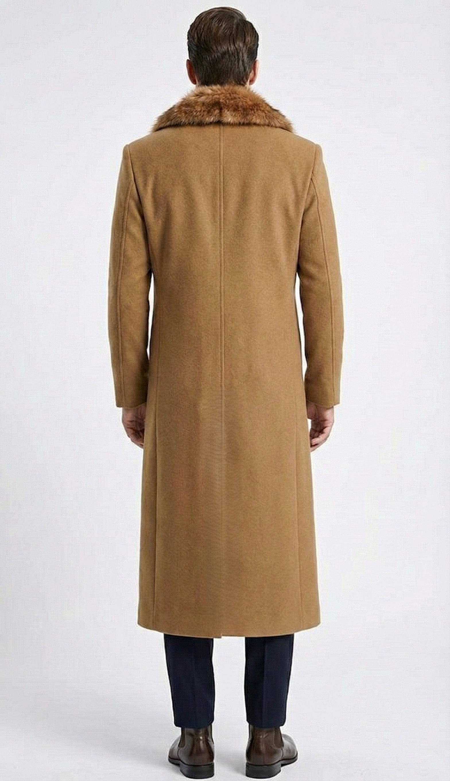 Men's Camel Brown Long Overcoat with Faux Fur Collar, Classic Winter Topcoat for Formal and Business Wear