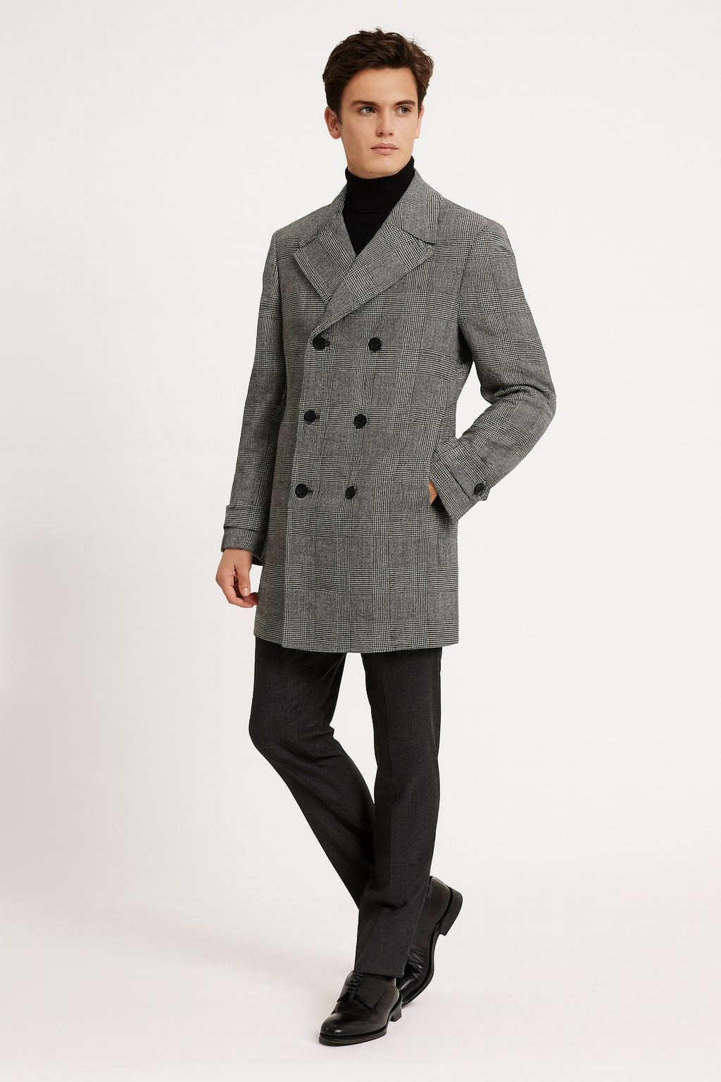 Mens Grey Plaid Double-Breasted Overcoat with Black Faux Fur Collar – Classic Winter Peacoat