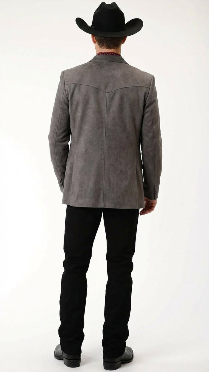 Saco Vaquero Men’s Charcoal Gray Western Faux Suede Blazer – Double Button Cowboy Jacket for Wedding & Party Wear