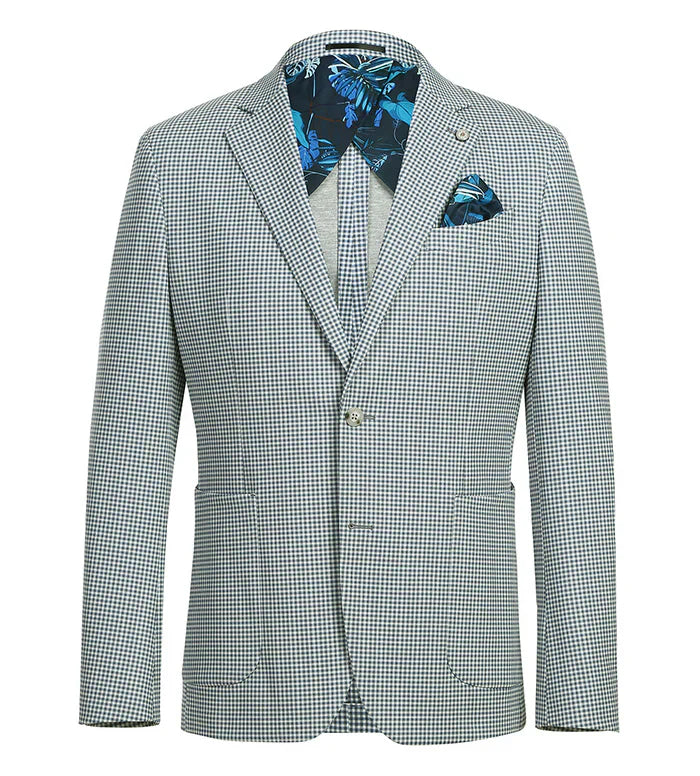 Half Canvas Slim Fit Blazer in Sage Blue Check by Pellagio