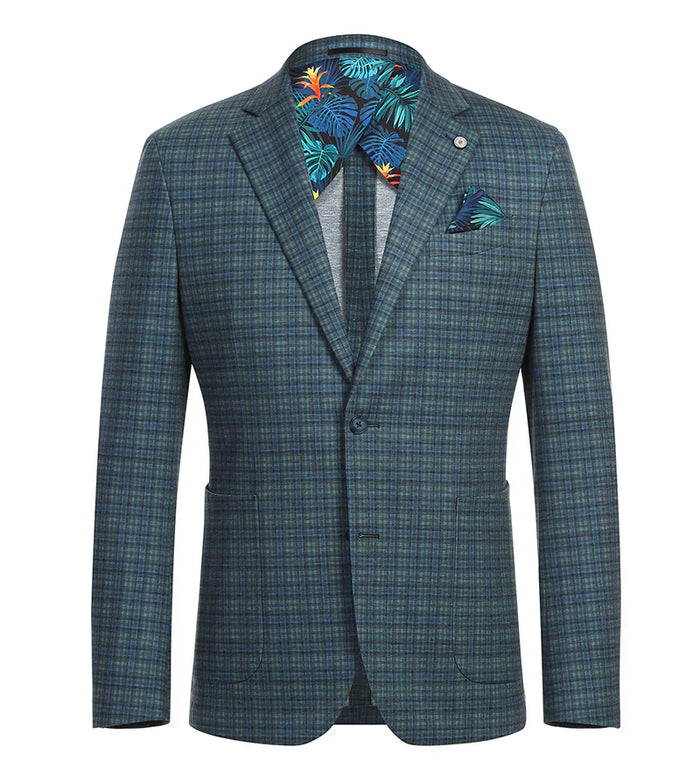 Half Canvas Slim Fit Blazer in Green Blue Check by Pellagio