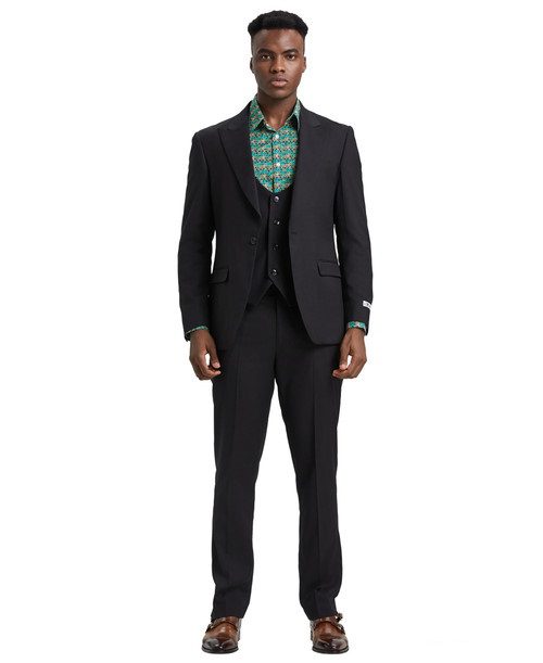 Stacy Adams Men’s Premium Black Modern Fit Three Piece One Button Peak Lapel Suit