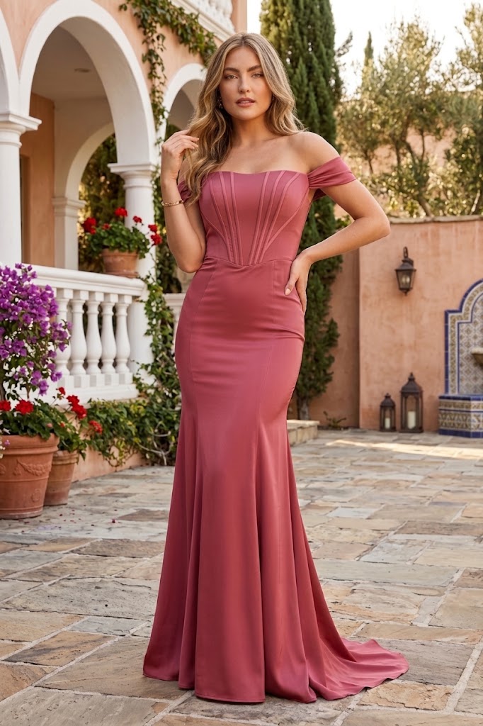 Off-Shoulder Corset Bodice Sheath Dress Long Evening Gown with Sweep Train by May Queen MQ1909