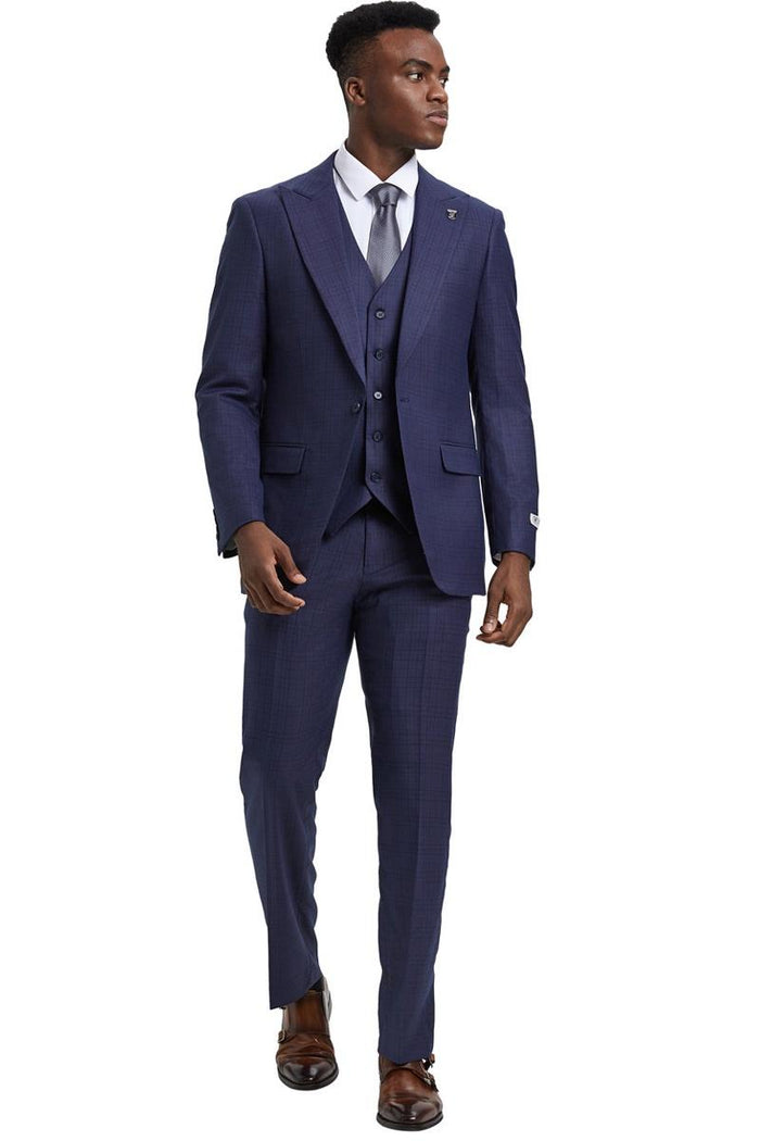 Men's Stacy Adams Vested One Button Wide Peak Lapel Windowpane Plaid Suit in Eggplant Purple