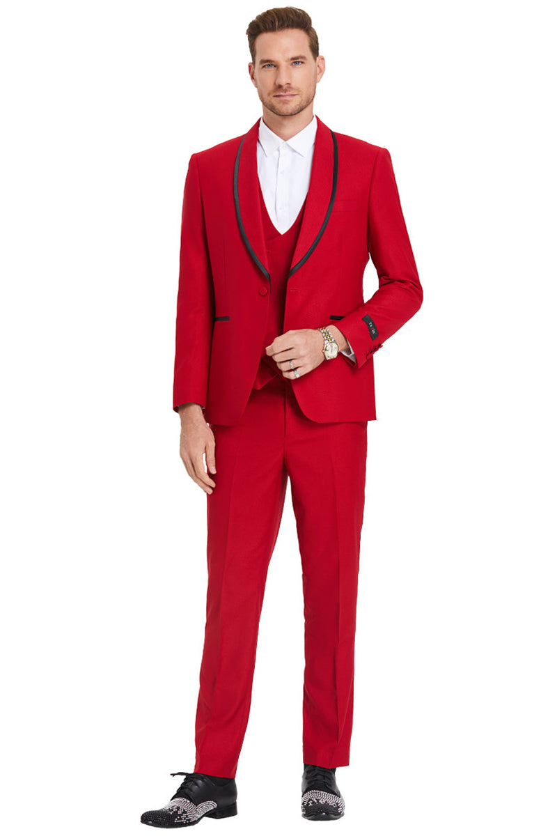 Men's Red Birdseye Vested Tuxedo in Slim Fit