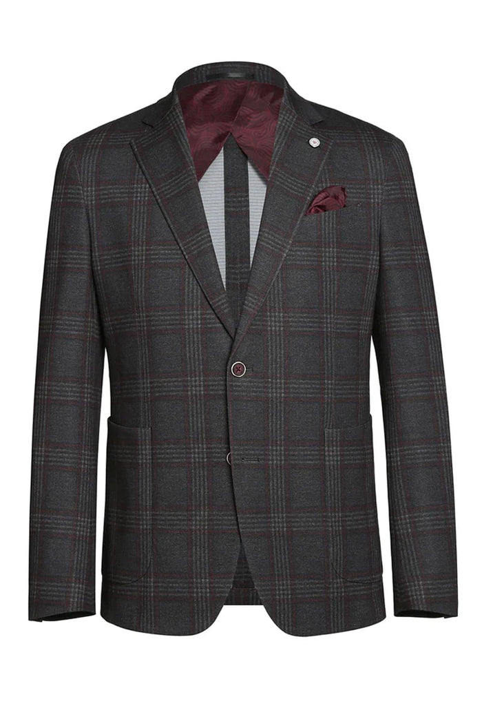 Mens Slim Fit Patch Pocket Vintage Style Sports Coat Blazers in Charcoal Grey Windowpane Plaid by USA Men's Outlet