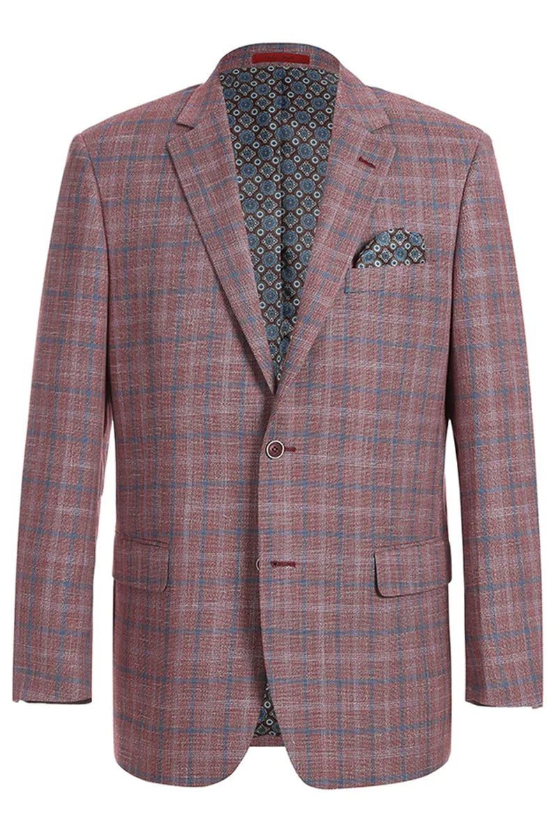 Mens Two Button Classic Fit Sport Coat Blazer in Burgundy Red Windowpane Plaid by Renoirin