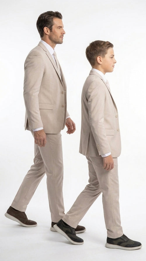 Dad & Son Matching Beige 3-Piece Suits – Father and Son Wedding Formal Suits in Tan Color