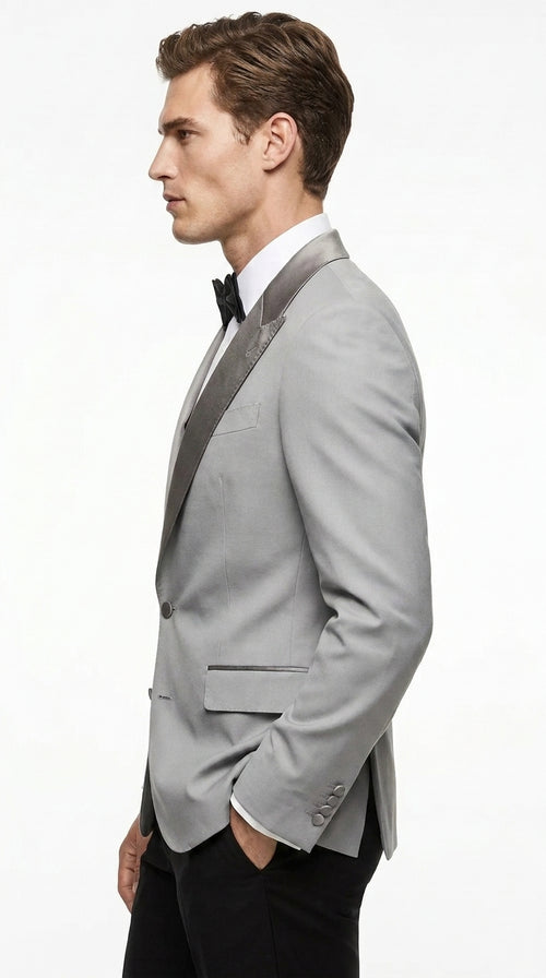 Men’s Silver Dinner Jacket – Satin Peak Lapel Tuxedo Blazer for Weddings, Prom & Formal Events in color silver grey
