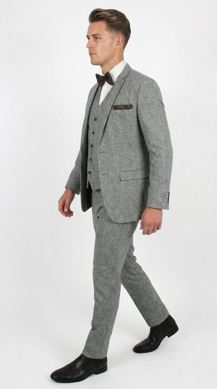 Men’s Edwardian Grey 3-Piece Suit – Dickens Downton Abbey Victorian Vintage Tweed Suit