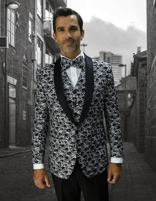 Mens Vested Floar Pattern Shawl Lapel Tuxedo in Black by Statement