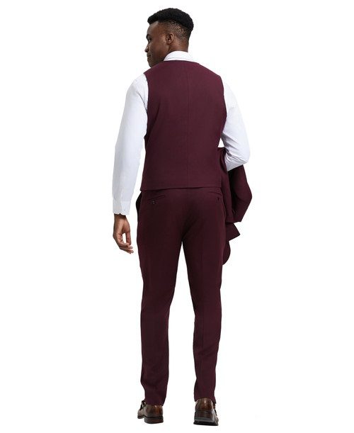 Stacy Adams Men’s Premium Burgundy-Maroon Modern Fit Three Piece One Button Peak Lapel Suit