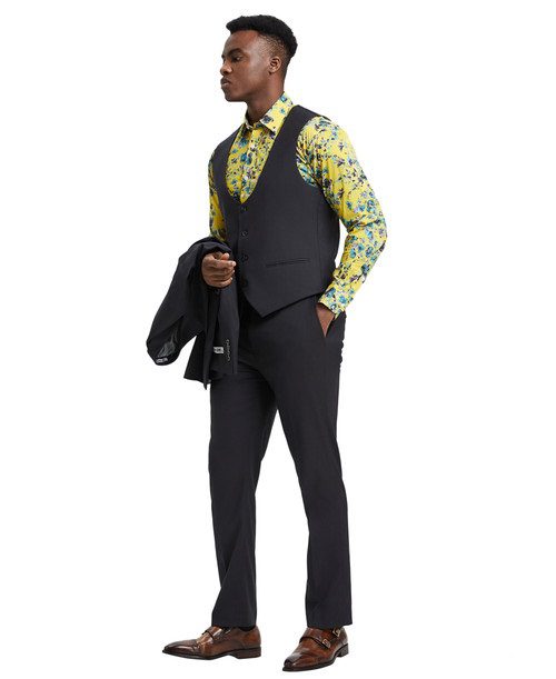 Stacy Adams Men’s Premium Charcoal gray-Dark Grey Modern Fit Three Piece One Button Peak Lapel Suit