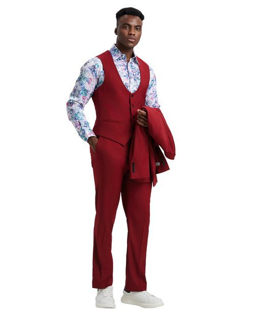 Stacy Adams Men’s Premium Cherry Red Modern Fit Three Piece One Button Peak Lapel Suit