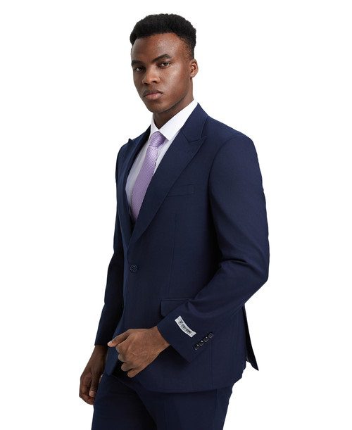 Stacy Adams Men’s Premium Navy Blue Modern Fit Three Piece One Button Peak Lapel Suit
