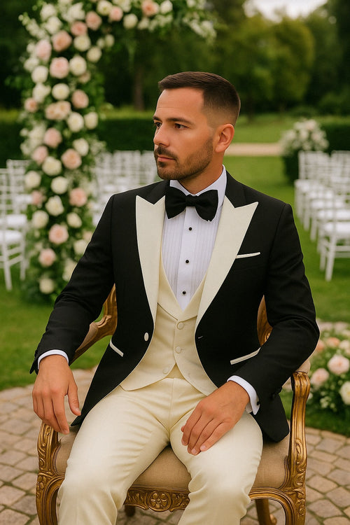 Mens Black and Ivory Tuxedo with Wide Shawl Lapel – 3 Piece Black and off White Lapel ! Vested Suit