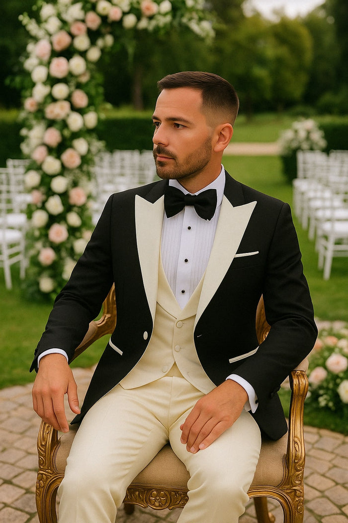 Mens Black and Ivory Tuxedo with Wide Shawl Lapel - 3 Piece Black and off White Lapel ! Vested Suit by USA Men's Outlet