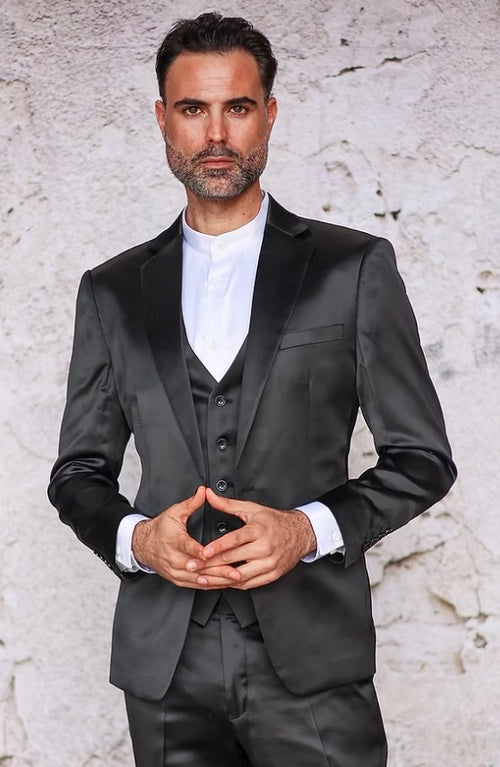 Mens 3-Piece Slim-Fit Shiny All Satin Suit Black by USA Men's Outlet