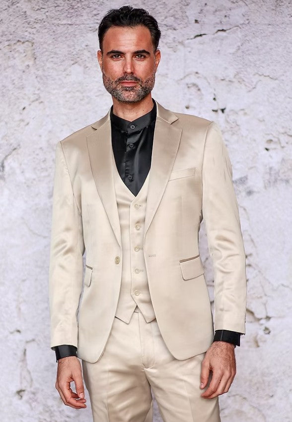 Mens 3-Piece Slim-Fit Shiny All Satin Suit Champagne by USA Men's Outlet