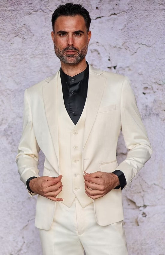 Mens 3-Piece Slim-Fit Shiny All Satin Suit Cream by USA Men's Outlet