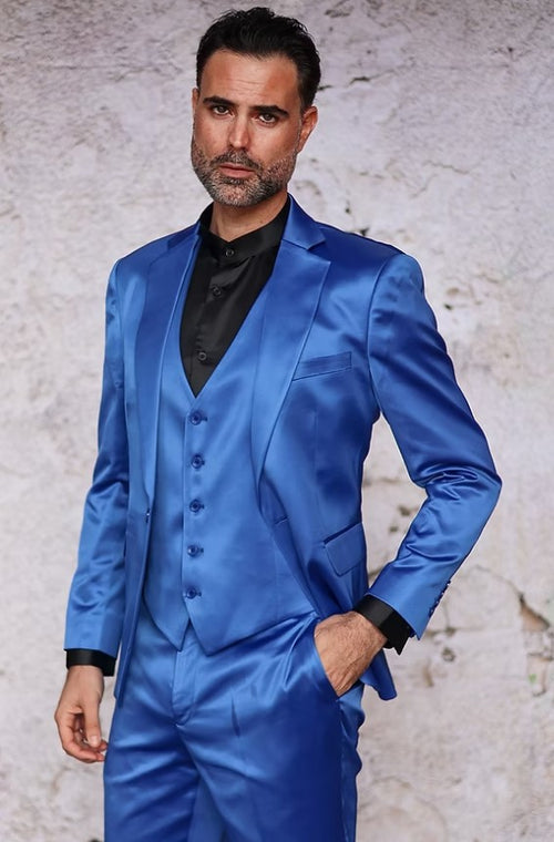 Mens 3-Piece Slim-Fit Shiny All Satin Suit Royal by USA Men's Outlet