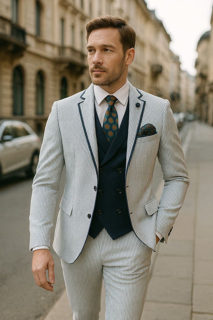 Men's White and Navy Pinstripe Suit with Contrast Trim - 3-Piece Seersucker Style Set for Weddings and Summer Events by USA Men's Outlet